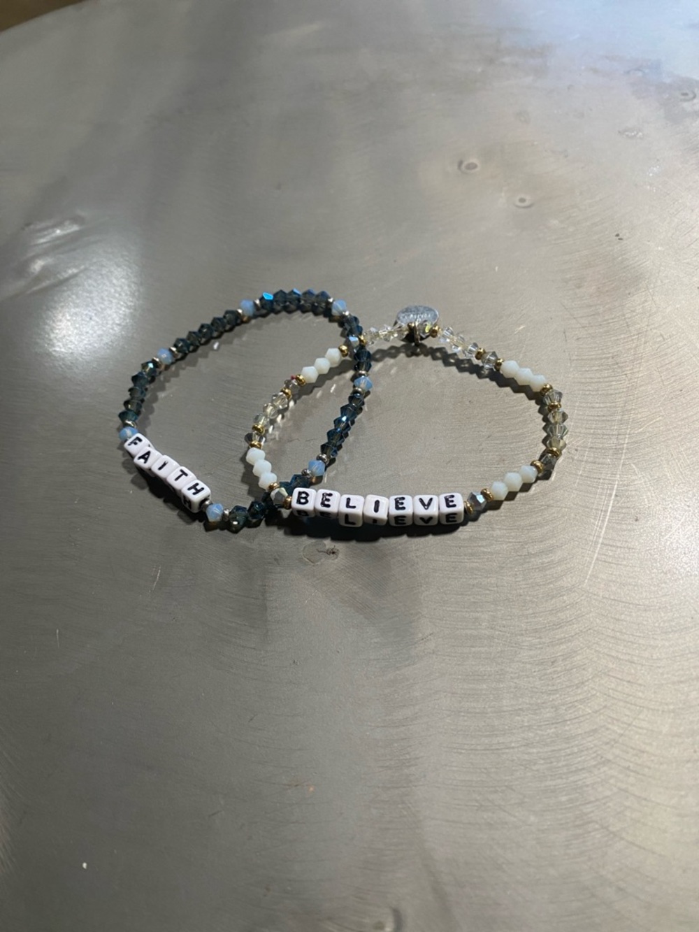 FAITH & BELIEVE Beaded Word Bracelets - Blue & White crystal